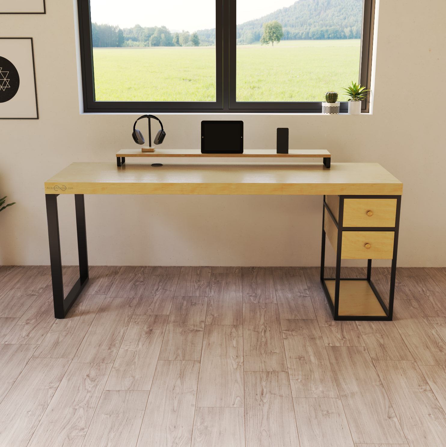 Escritorio Home Office 180 cm 2 cajones mismo lado Industrial madera Pino Alcazarmuebles.com