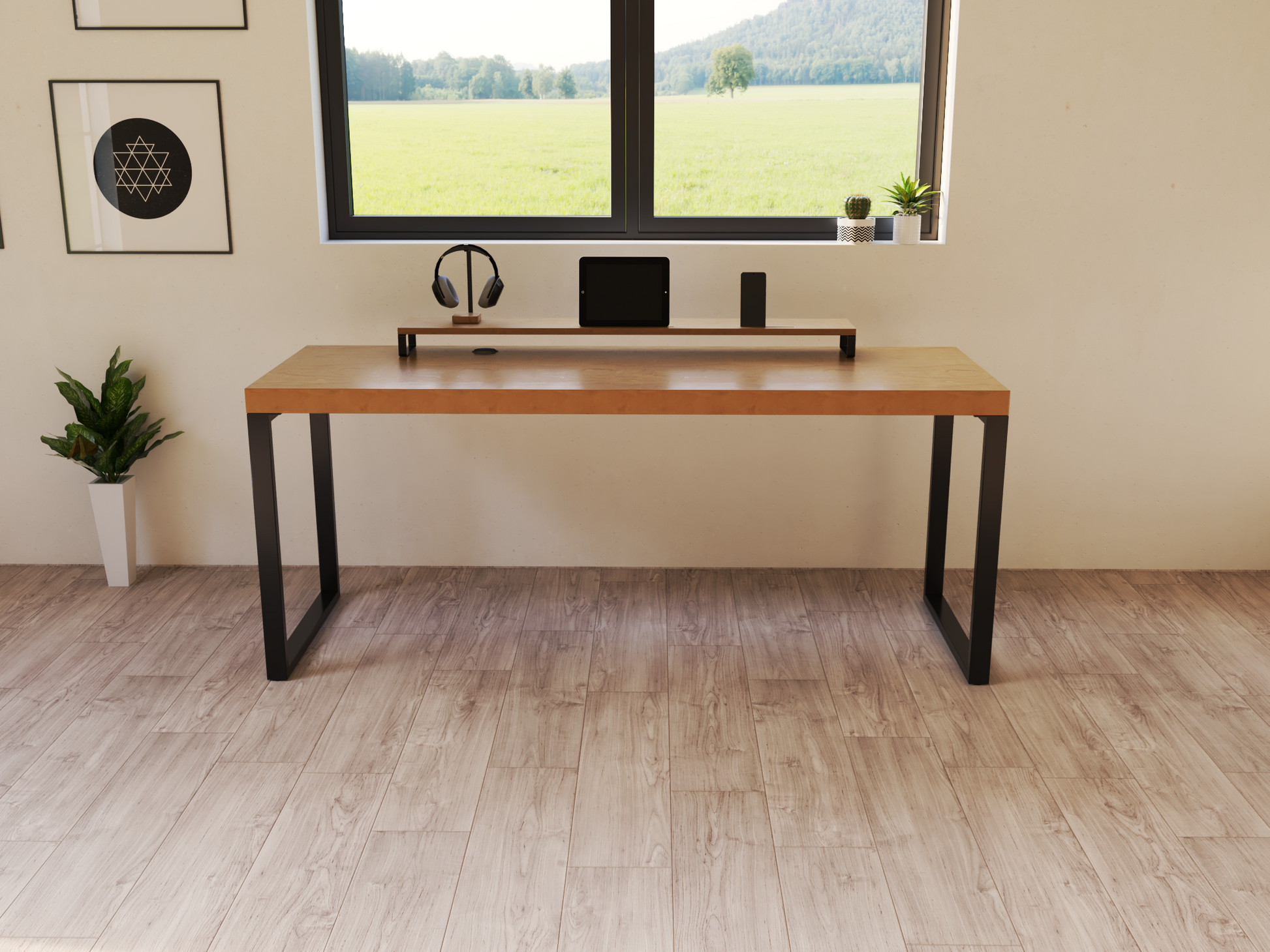 Escritorio Home Office 180 cm 2 soportes industrial Roble Alcazarmuebles.com
