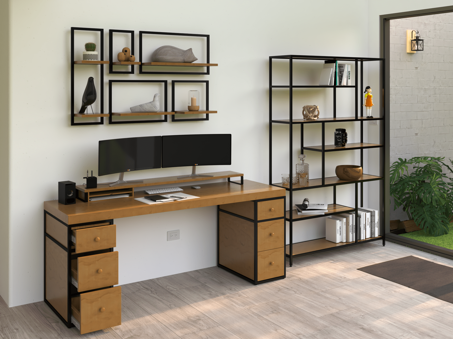 Escritorio Home Office 180 cm. 6 Cajones Madera y Metal Alcazarmuebles.com