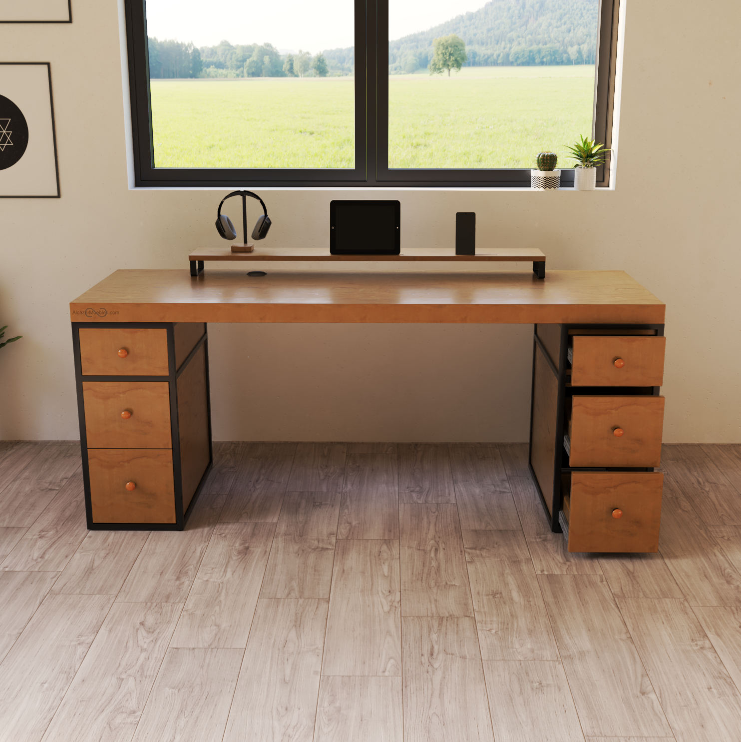 Escritorio Home Office 180 cm. 6 Cajones Madera y Metal Alcazarmuebles.com