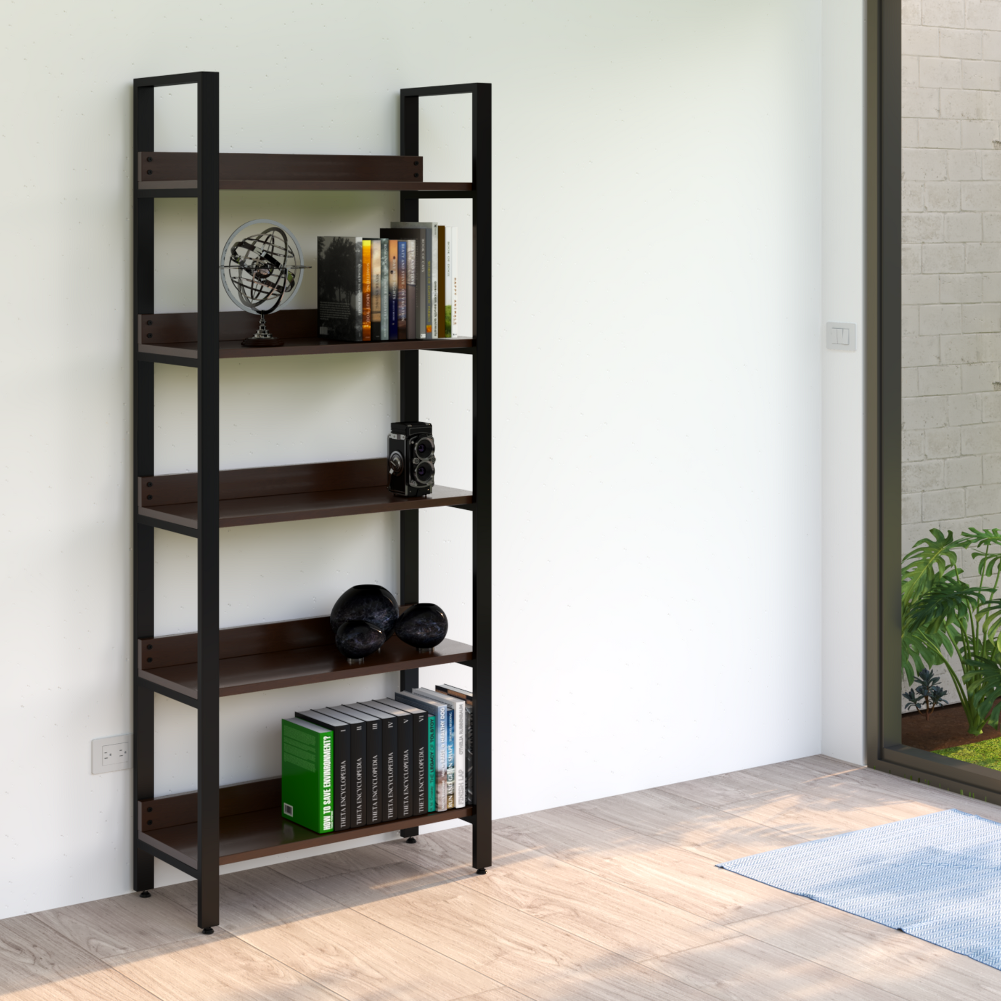 Estantería Bergen 80 pino natural en home office minimalista, 5 entrepaños de madera sólida barnizada