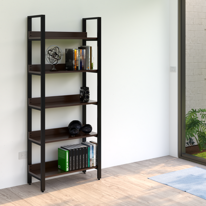 Estantería Bergen 80 pino natural en home office minimalista, 5 entrepaños de madera sólida barnizada