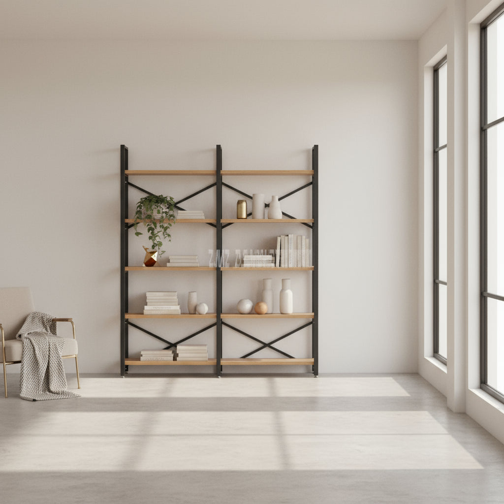 Librero Madera Industrial Modelo Romsdal 182 X 160 X 34 Cms. Pino Natural Librero alcazarmuebles.com