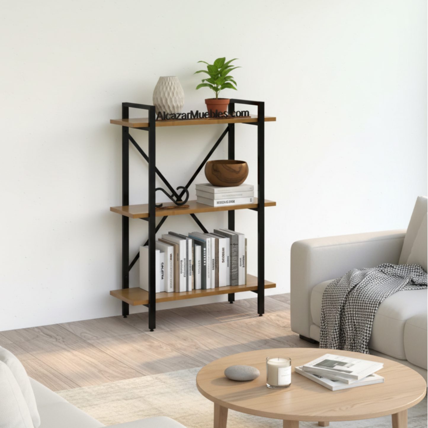 Librero industrial West en roble claro integrado en espacio de home office estilo industrial — Alcázar Muebles