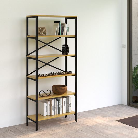 Librero industrial de madera maciza pino natural y metal negro, modelo Sylvan, 6 entrepaños, 1.80 m de alto