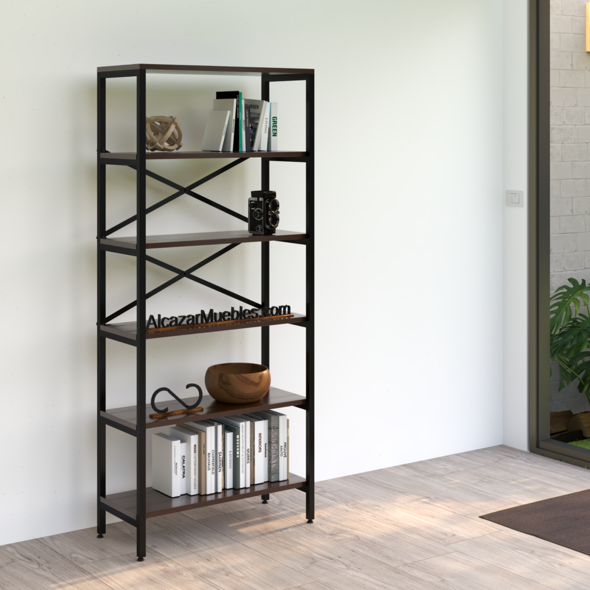 Librero Sylvan color madera nogal  en sala de home office, estilo minimalista industrial