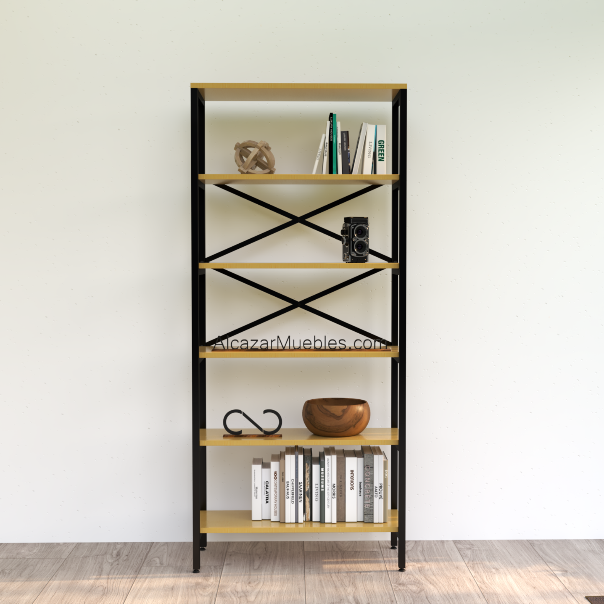 Estantería industrial Sylvan en madera pino  con estructura metálica, vista frontal, alcazarmuebles.com