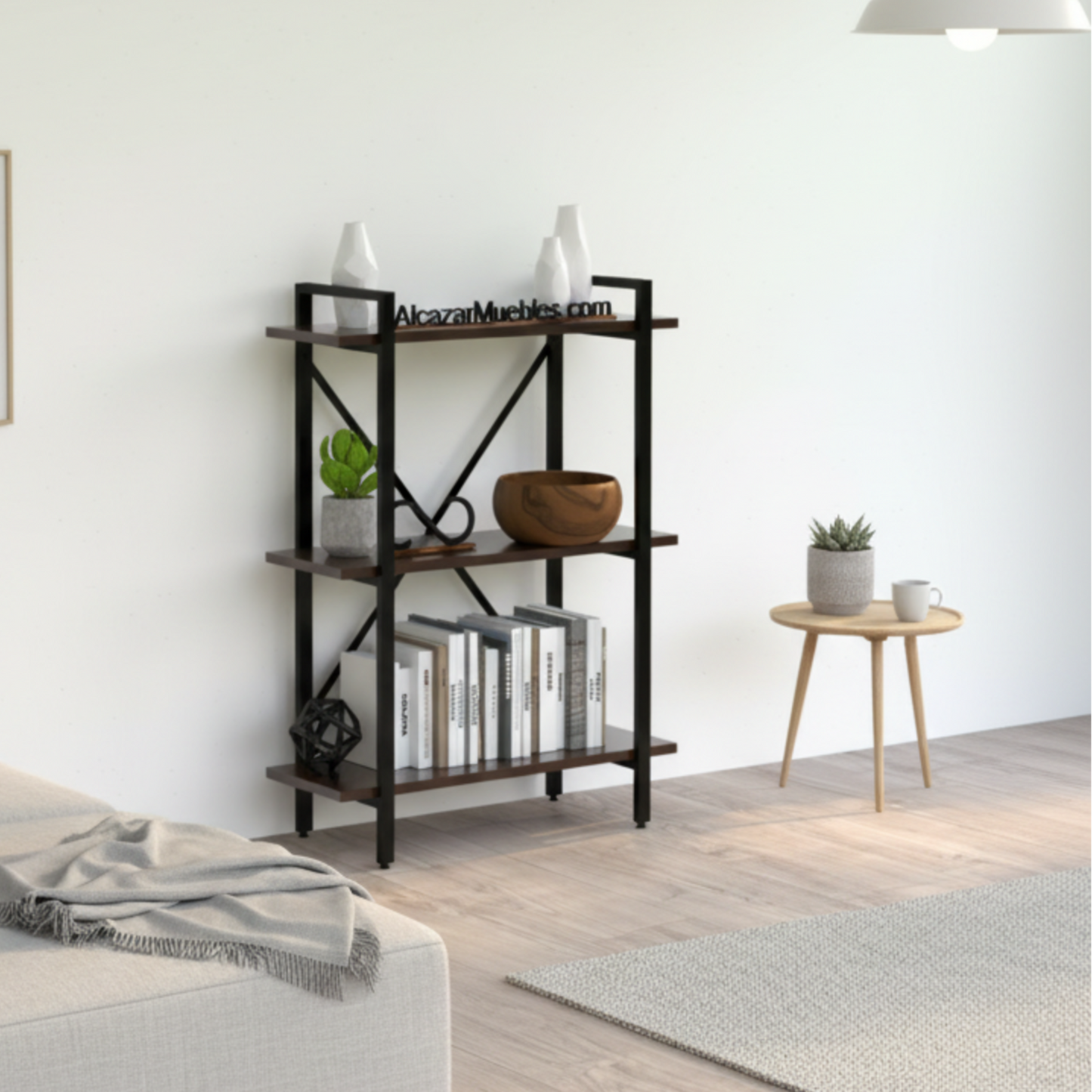 Librero industrial de metal y madera sólida modelo West en color nogal — Alcázar Muebles