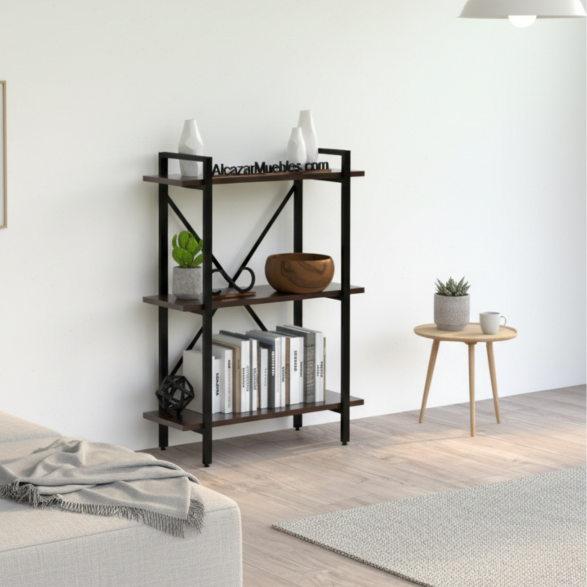 Librero industrial de metal y madera sólida modelo West en color nogal — Alcázar Muebles