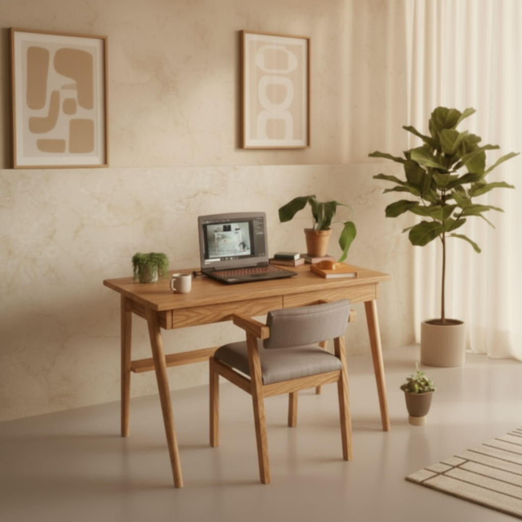 Escritorio y silla de madera sólida en acabado roble con diseño nórdico minimalista
