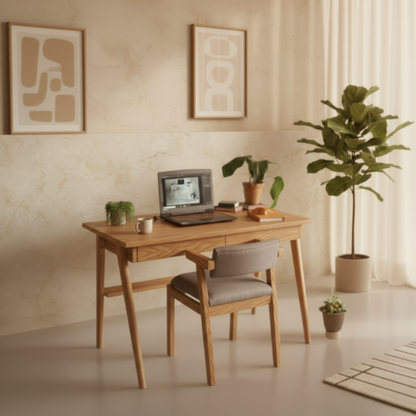 Escritorio y silla de madera sólida en acabado roble con diseño nórdico minimalista
