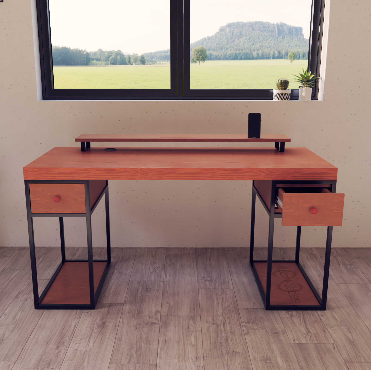 Escritorio Home Office 150 cm 2 cajones estilo Industrial 100% madera Cedro Alcazarmuebles.com