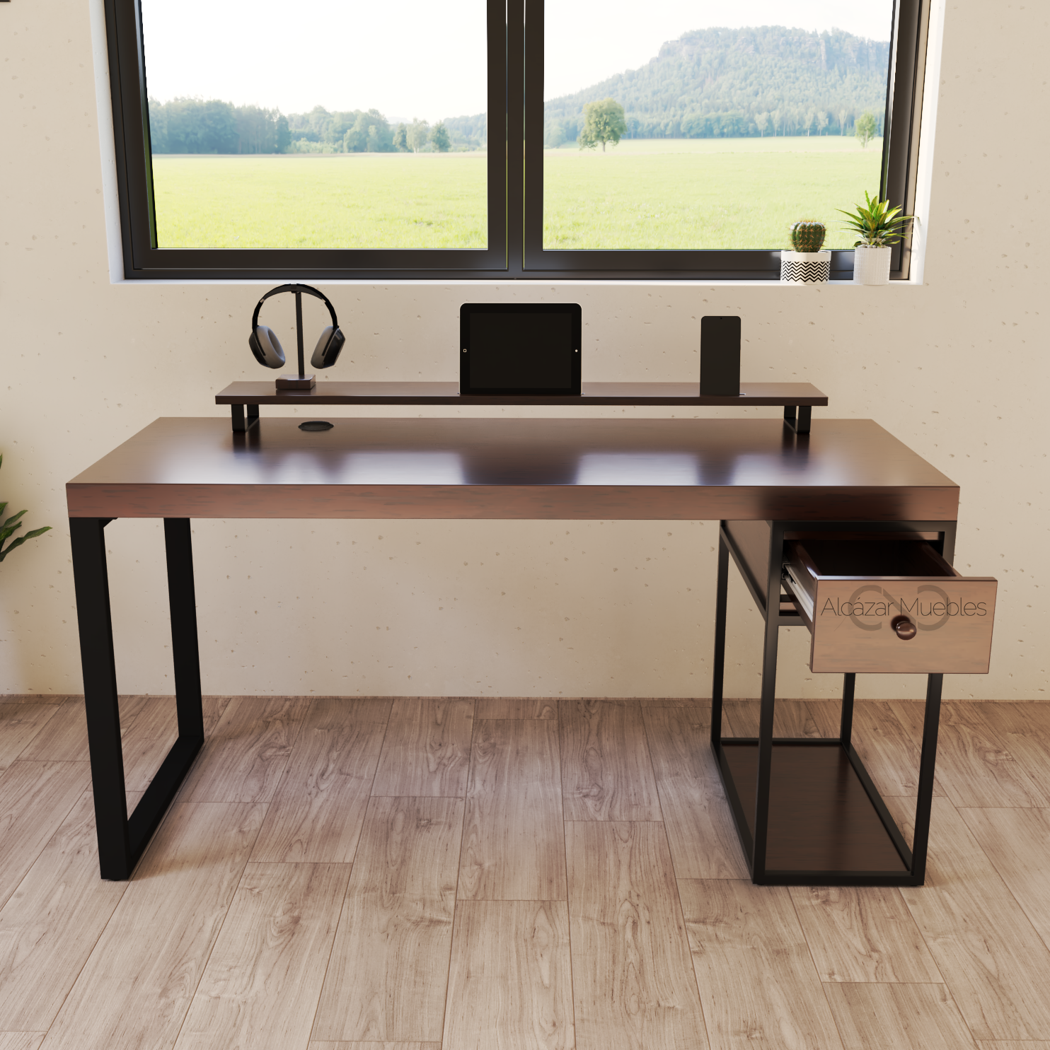 Escritorio Home Office 150 cm 1 cajon Nogal Alcazarmuebles.com