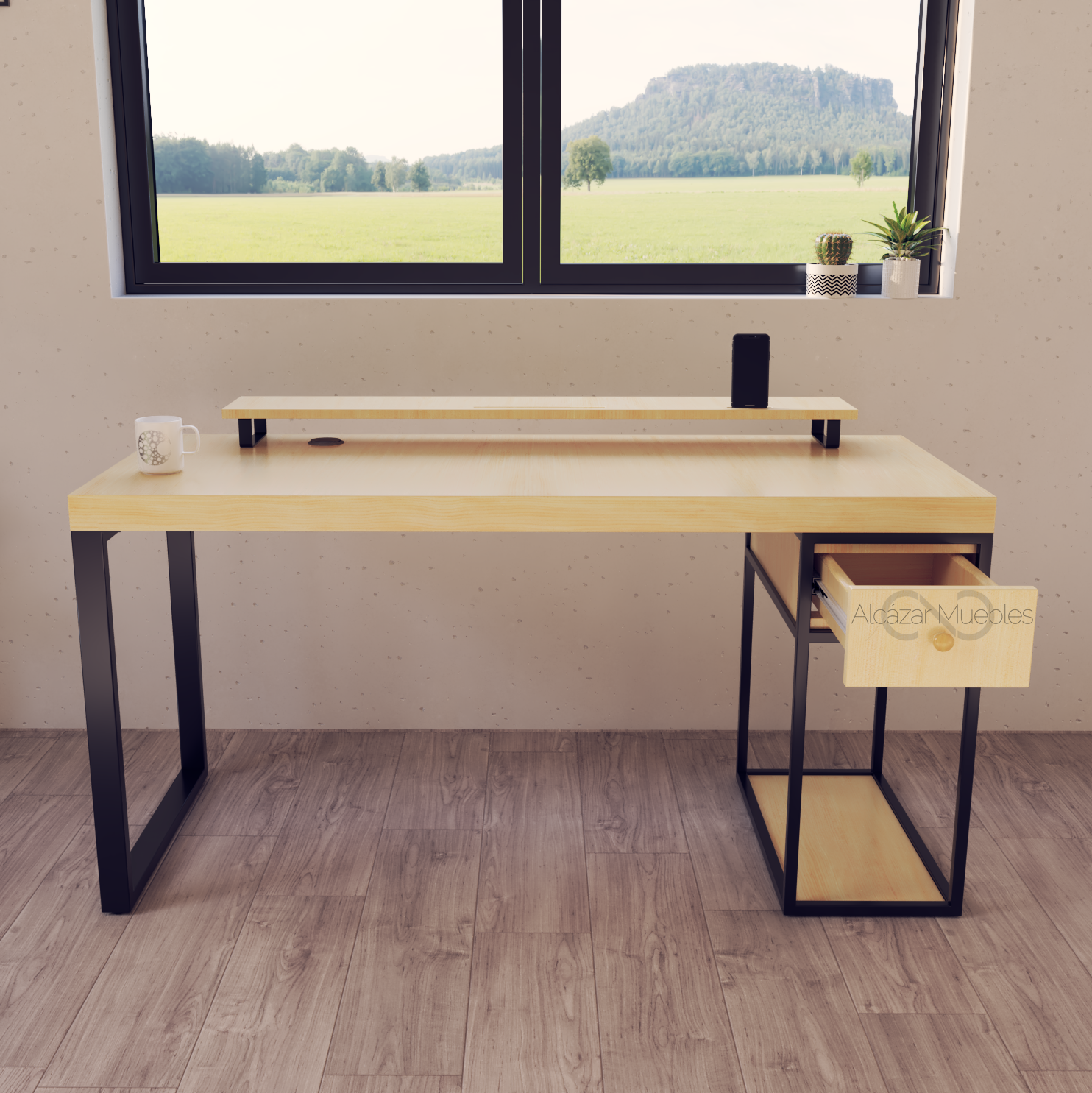 Escritorio Home Office 150 cm 1 cajon Pino Alcazarmuebles.com