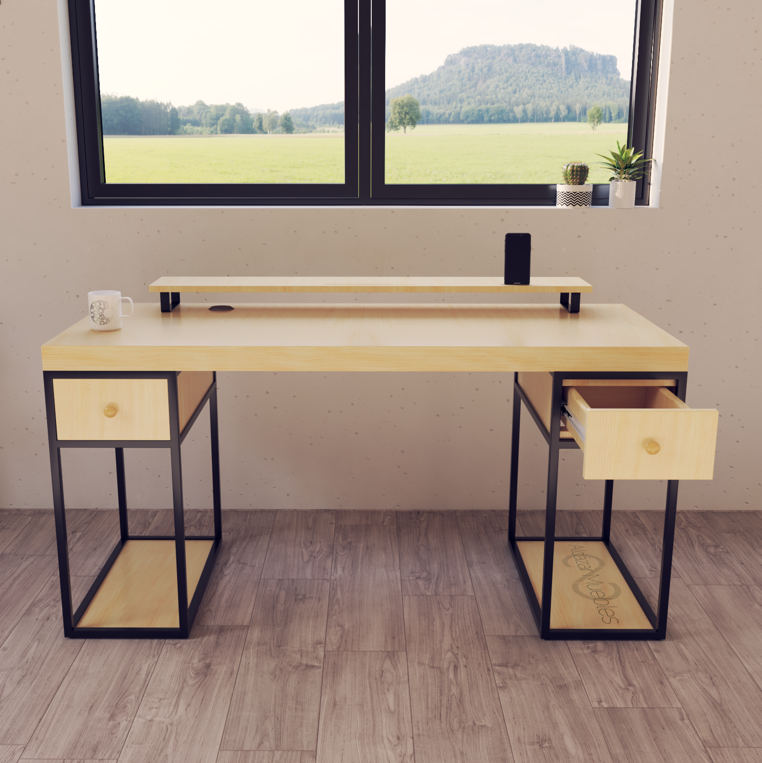 Escritorio Home Office 150 cm 2 cajones estilo Industrial 100% madera Pino Alcazarmuebles.com