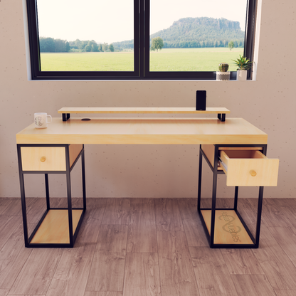 Escritorio Home Office 150 cm 2 cajones estilo Industrial 100% madera Pino Alcazarmuebles.com