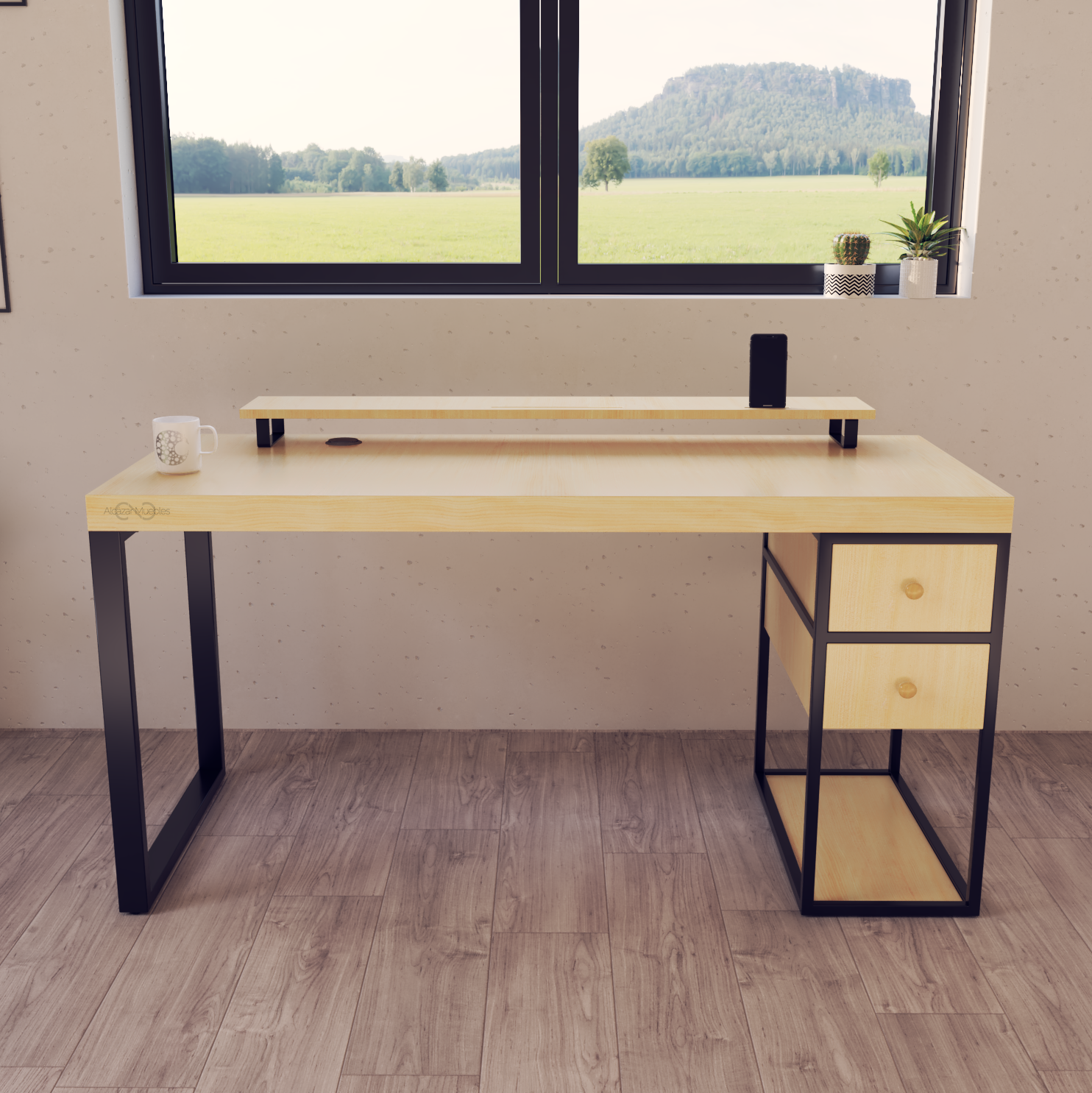 Escritorio Home Office 150 cm 2 cajones 1 cajonera Industrial madera Pino Alcazarmuebles.com