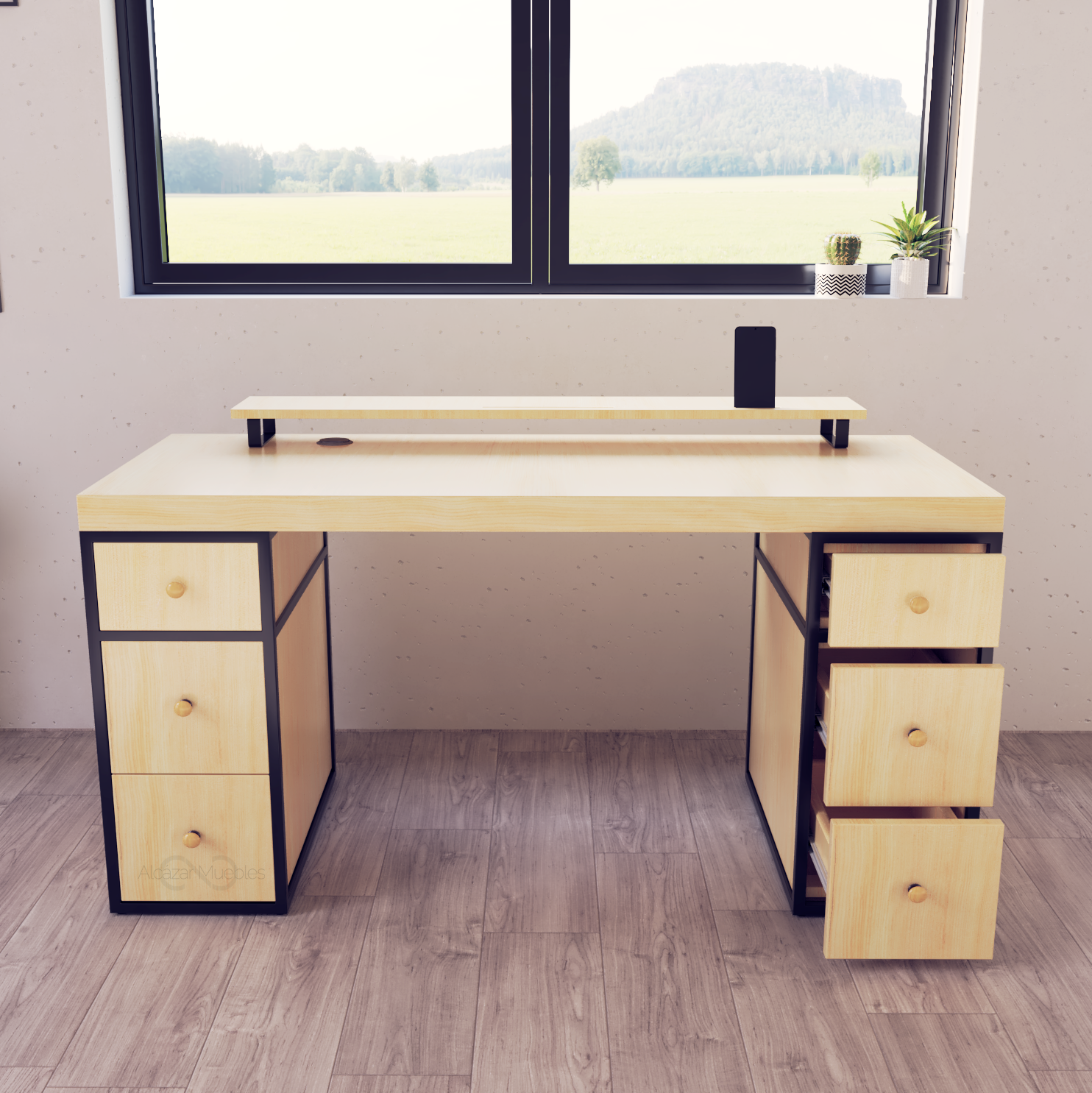 Escritorio Home Office 150 cm 6 cajones minimalista industrial Pino Alcazarmuebles.com