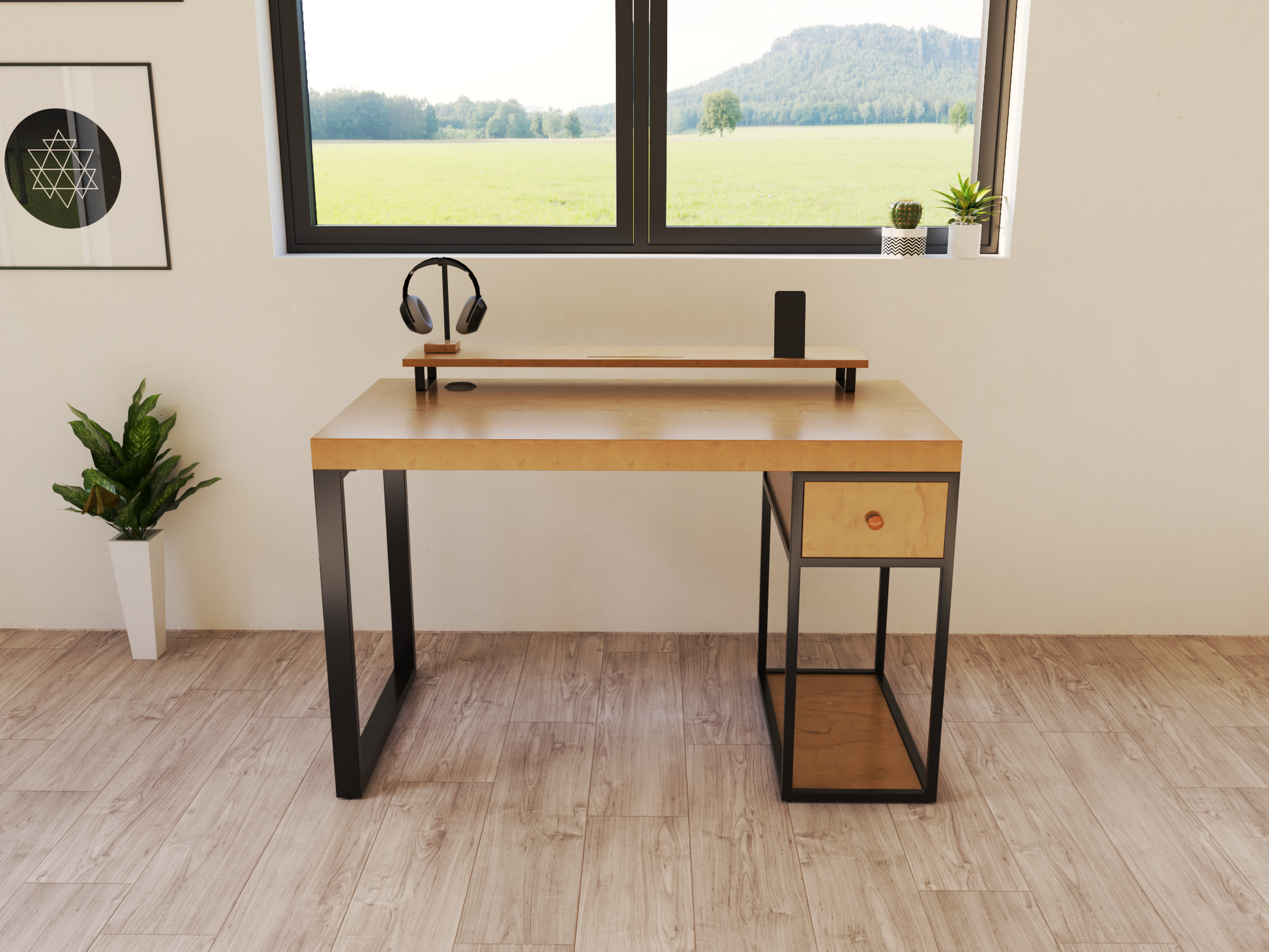 Escritorios de madera gamer. 1 cajon, 1 repisa superior. Color roble. 120 cm de largo  x 60 cm de ancho y 75 cm de alto.