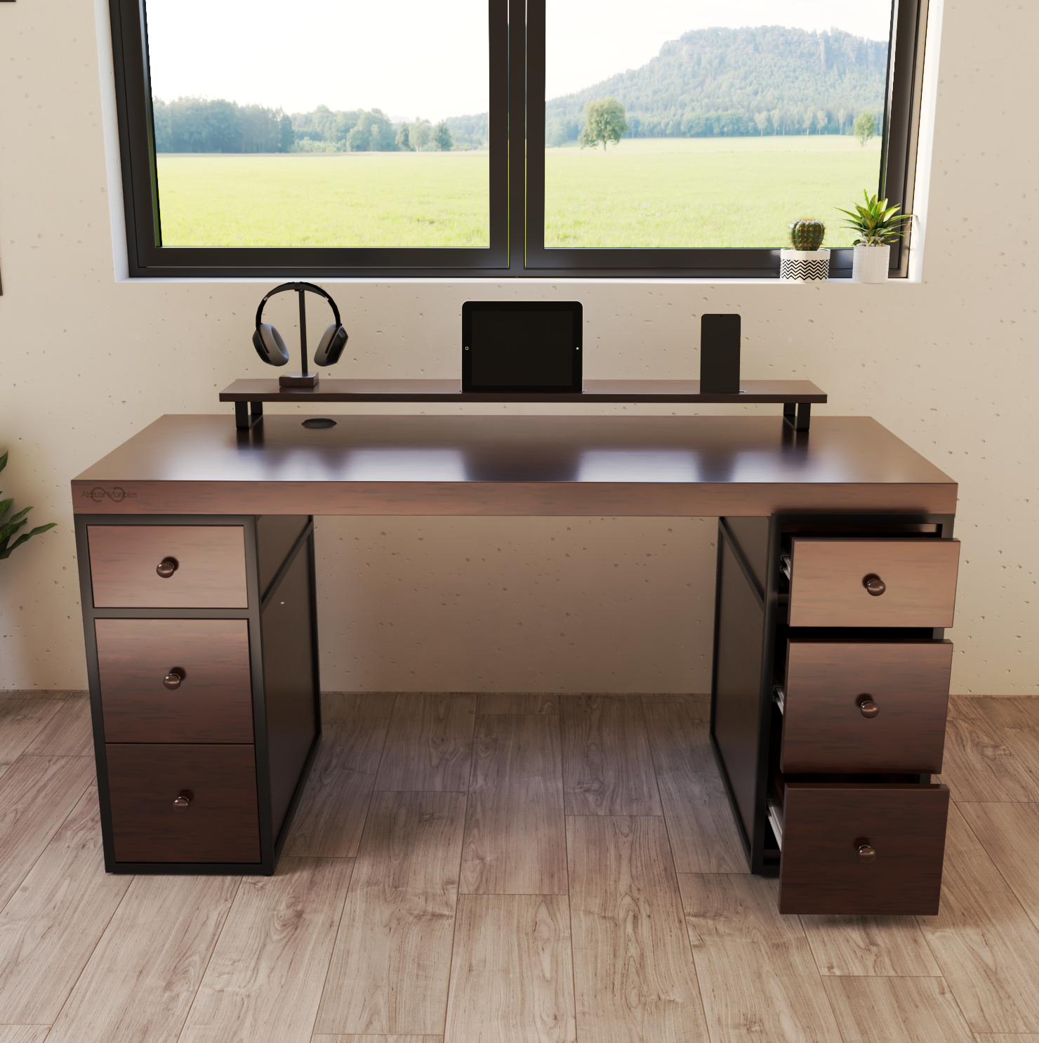 Escritorio Home Office 150 cm 6 cajones minimalista industrial Nogal Alcazarmuebles.com