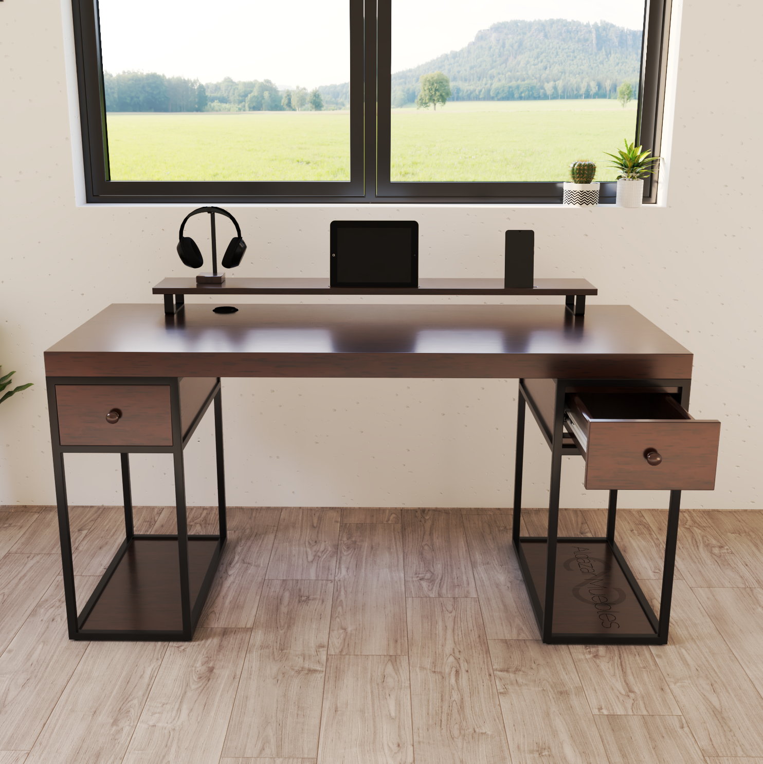 Escritorio Home Office 150 cm 2 cajones estilo Industrial 100% madera Nogal Alcazarmuebles.com