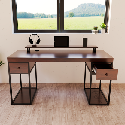 Escritorio Home Office 150 cm 2 cajones estilo Industrial 100% madera Nogal Alcazarmuebles.com