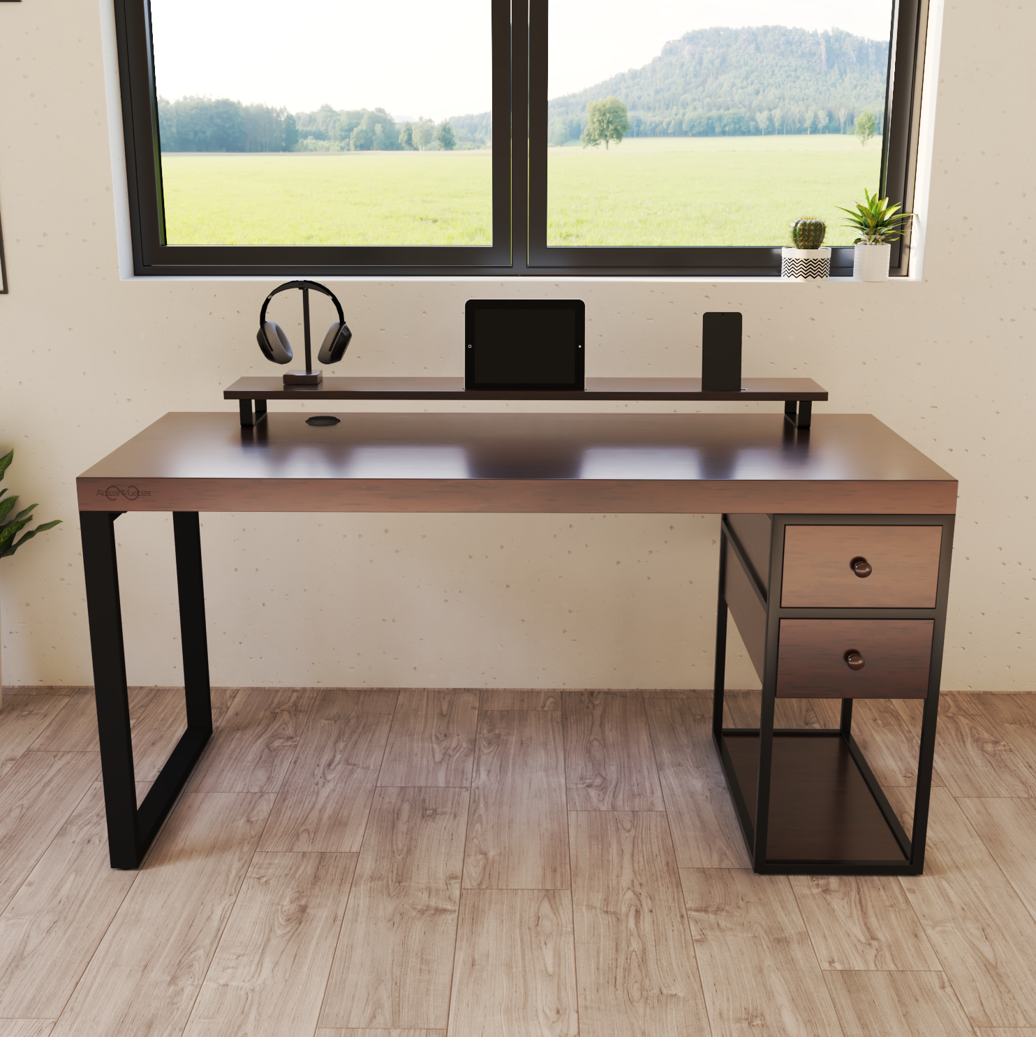 Escritorio Home Office 150 cm 2 cajones 1 cajonera Industrial madera Nogal Alcazarmuebles.com