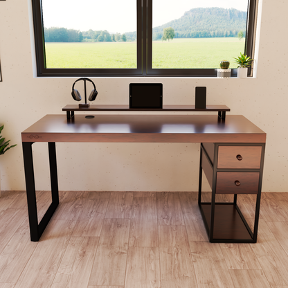 Escritorio Home Office 150 cm 2 cajones 1 cajonera Industrial madera Nogal Alcazarmuebles.com