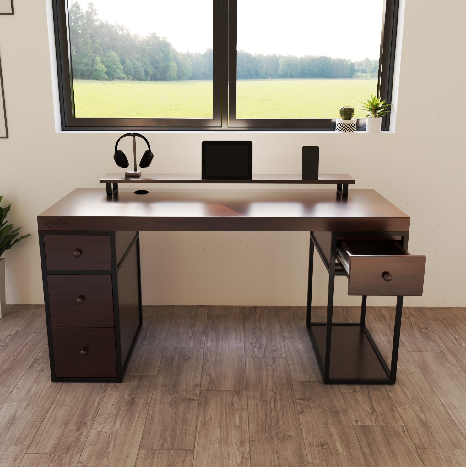 Escritorio Home Office 150 cm 4 cajones minimalista madera Nogal Homeoffice Alcazarmuebles.com