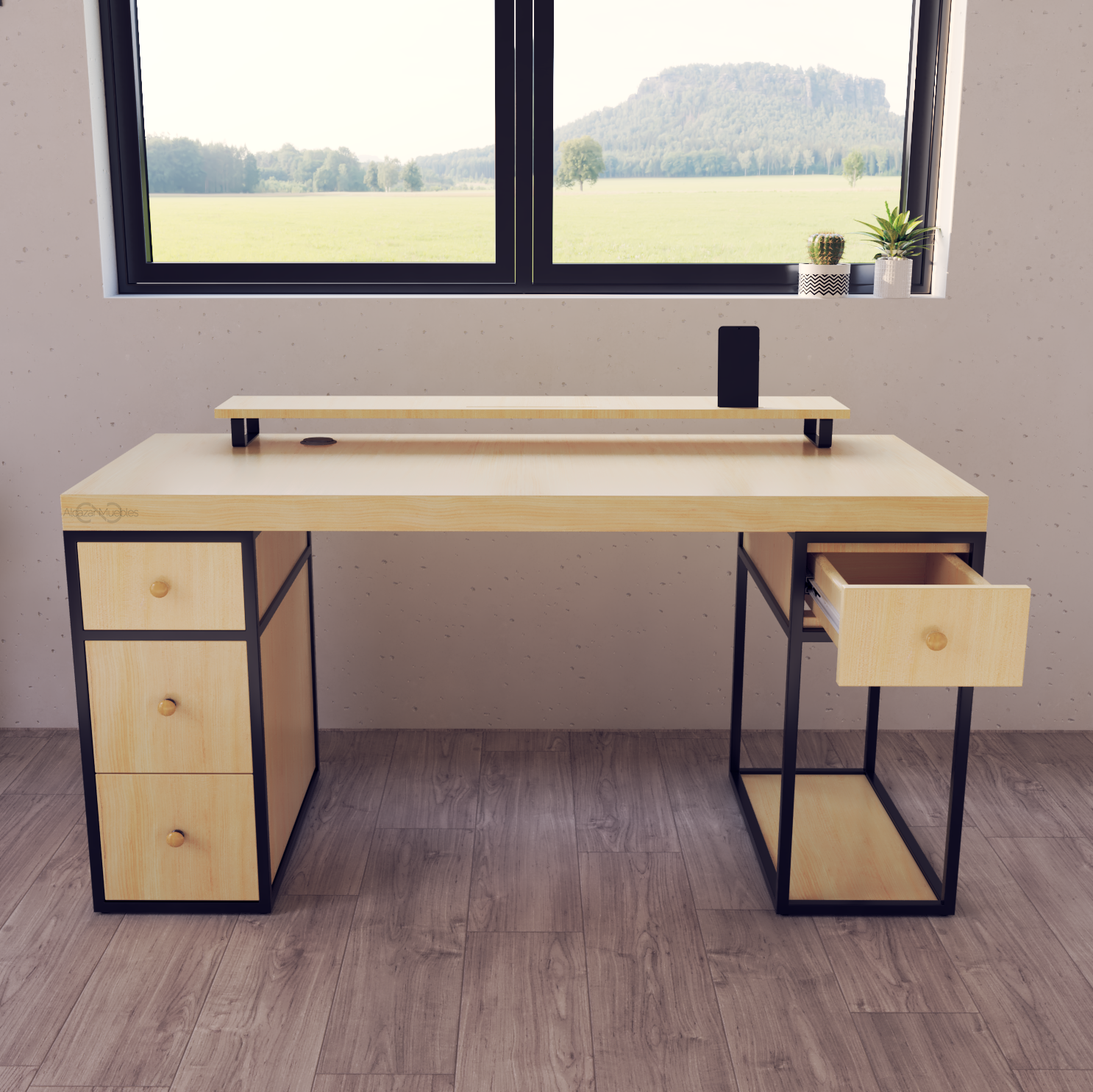 Escritorio Home Office 150 cm 4 cajones minimalista madera Pino Homeoffice Alcazarmuebles.com